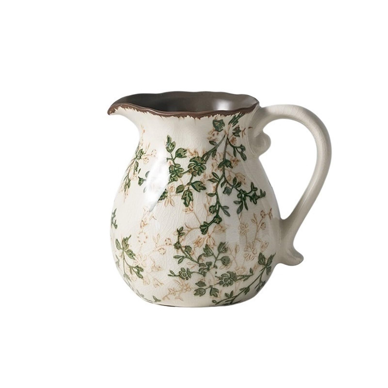 Decorative Vases Ceramic Crackle Glaze with Green Floral Pattern, Decorative Jug Vase with Handle Table Centerpiece Rustic(Small)