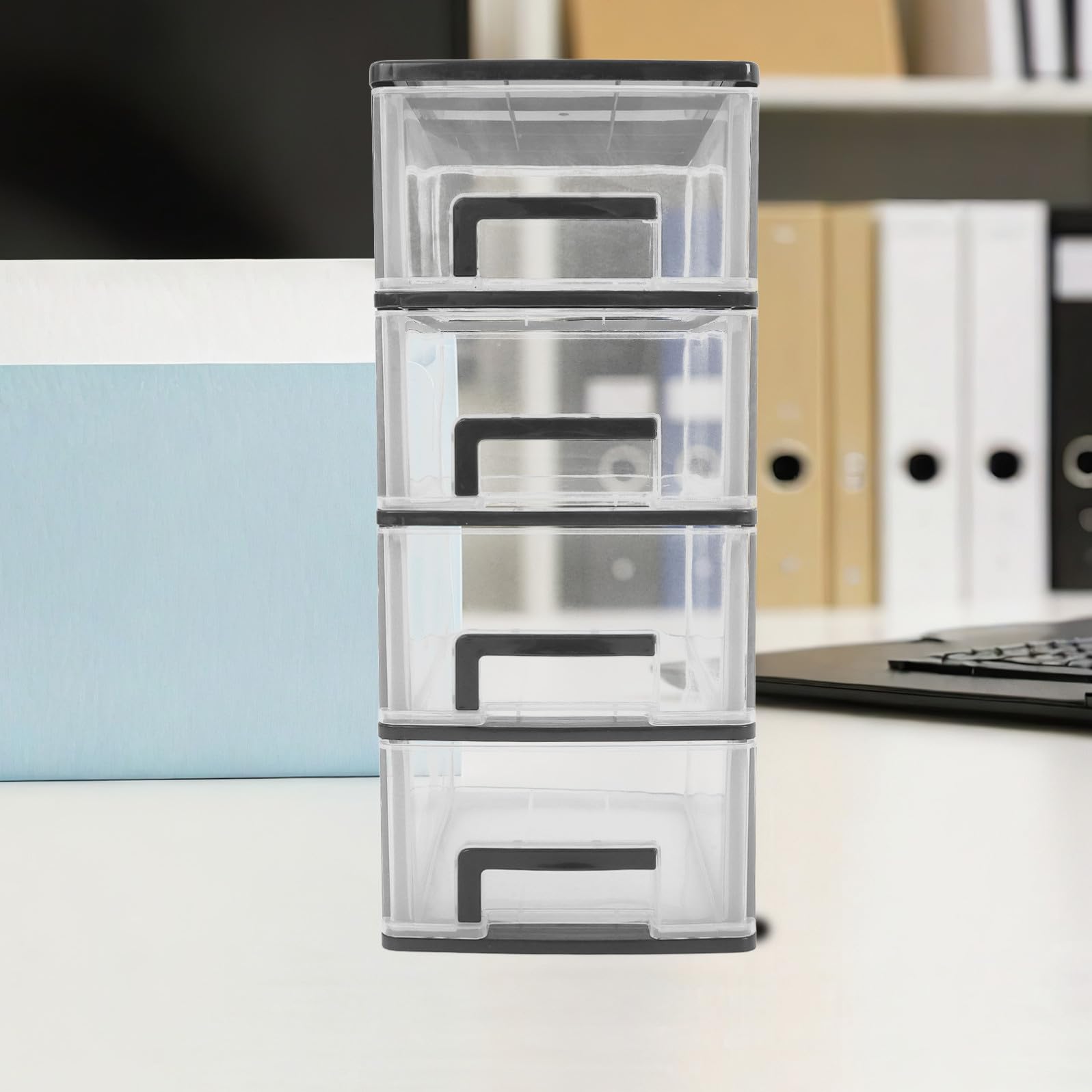 OSALADI Cassettiera da Scrivania in Plastica Nera 4 Cassetti, Design Compatto e Funzionale per Ufficio, Organizer Desktop per Ordinare e Conservare Oggetti
