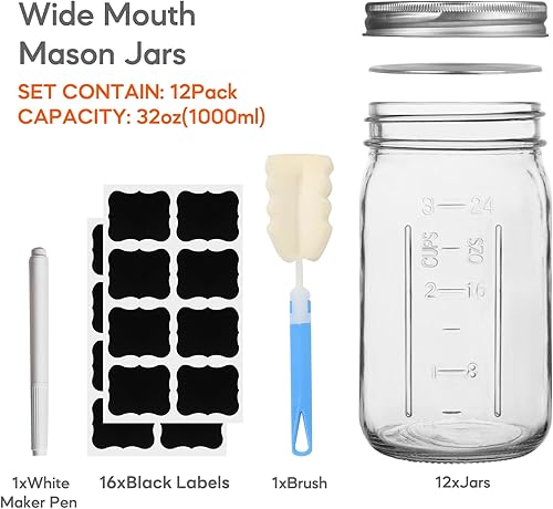 Miniatura 2 de TOEKSIX Tarros Mason de boca ancha de 32 onzas  cuarto de galón con tapas herméticas y bandas, paquete de 12, tarros de vidrio transparente para