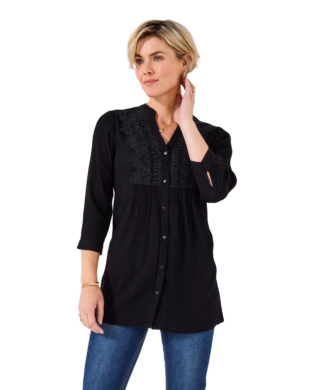 Joe Browns Women's Soft Crinkle Longline Lace Blouse, Regular, Black, UK 6