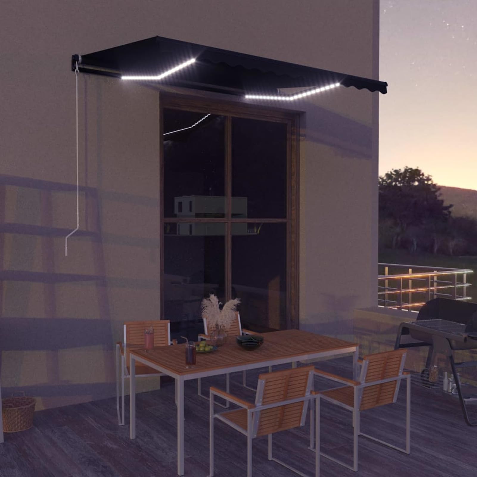 IKAYAA Toldo Manual Retráctil 350 x 250 cm con luz LED, Toldo Enrollable Aluminio y Poliéster,Toldo Articulado Retractil con Brazo, Toldo Manual para Balcón y Veranda Antracita
