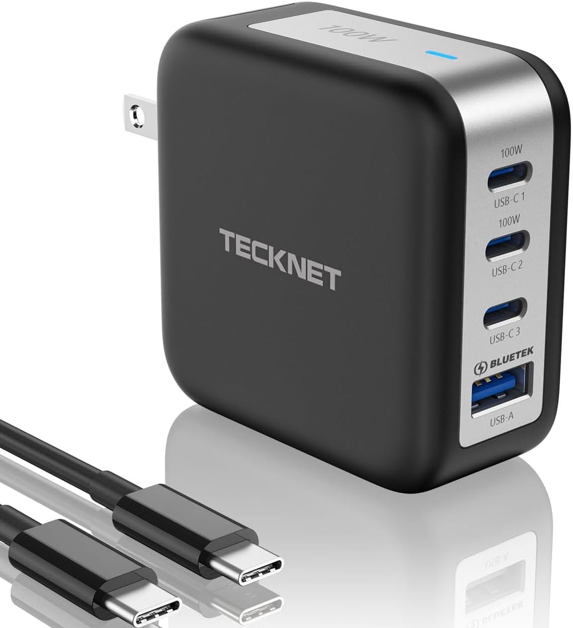 TECKNET 100W USB C Charger, 4-Port PD 3.0 GaN Fast Wall Charger Block, Foldable Power Adapter, with Type C Cable for iPhone 16/15/14/13 Pro, MacBook Pro, iPad, AirPods, Dell XPS, Pixel, Samsung,Switch