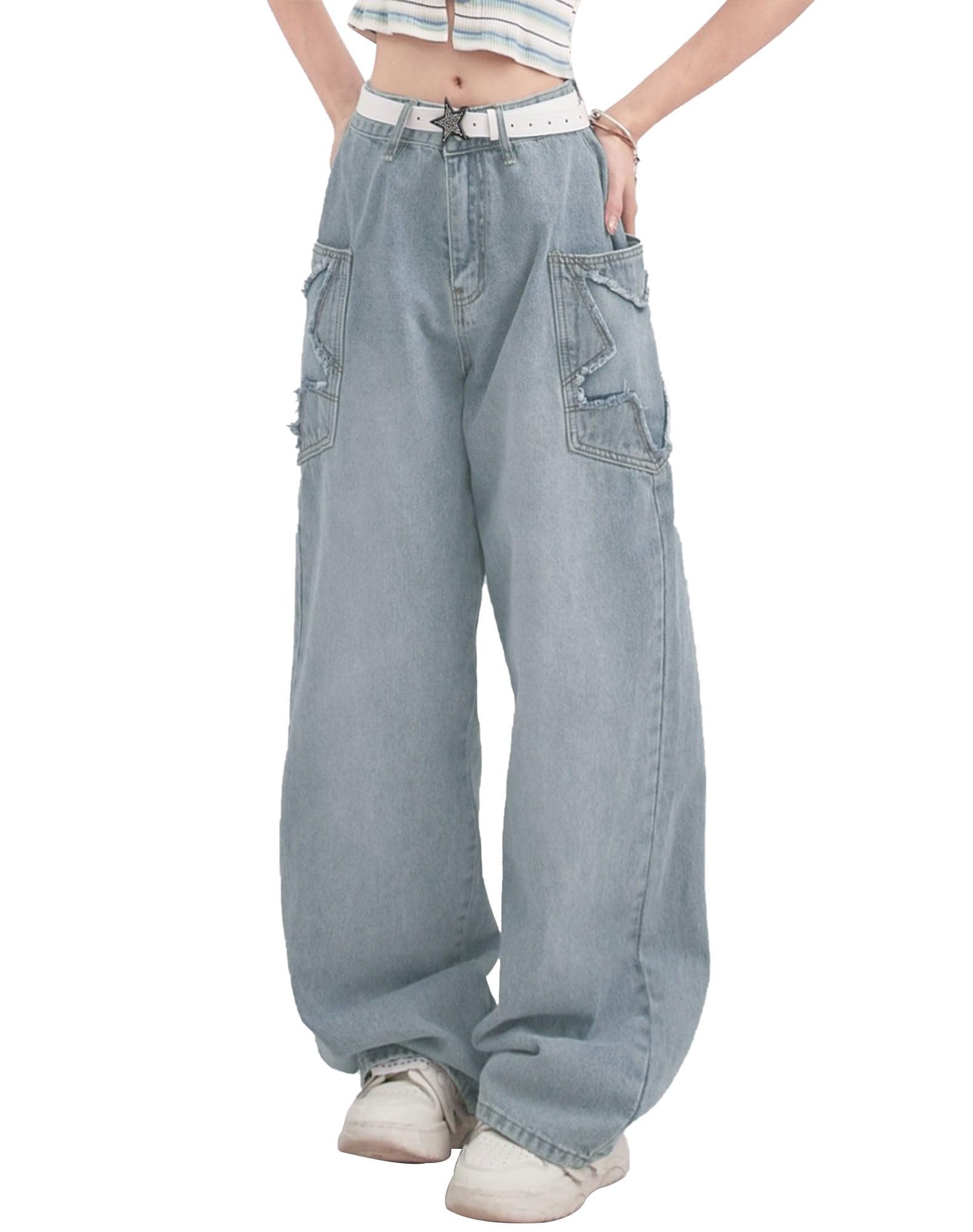 Lafaguw Jeans larghi per donna ragazza stella patchwork a vita alta