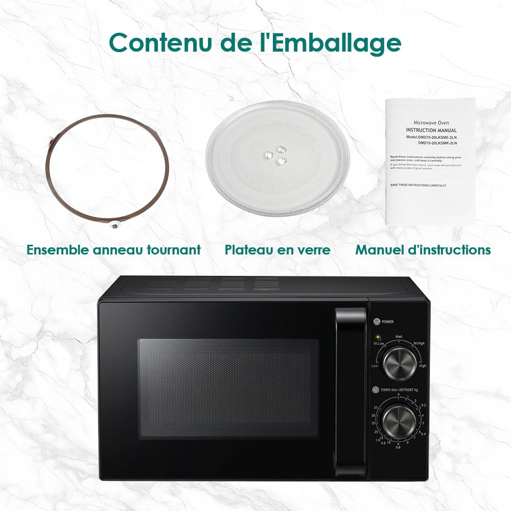 Micro-ondes 20L, Noir, Micro onde 700W, 5 Niveaux de Puissance, Chauffage Uniforme, Minuterie 35min, Compact Facile à Utiliser pour Décongélation et Chauffage Quotidien