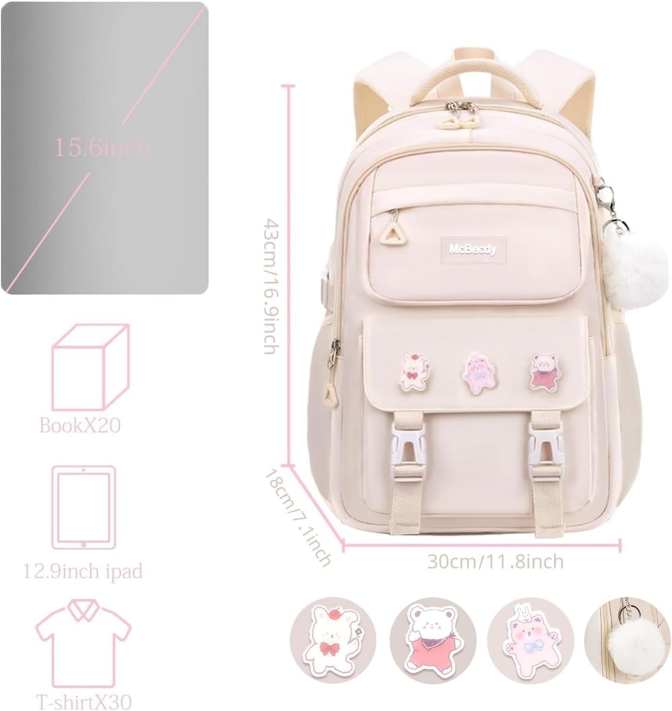 School Backpacks for Girls, Middle Schoolbag Elementary Student Bookbag, Large Casual School Daypacks for Teens Girls (White) - Image 2