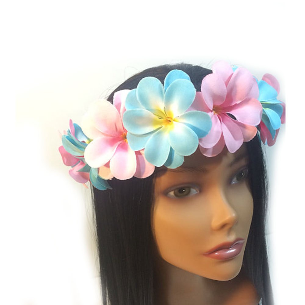 Baby Blue Pink Flower Crown Plumeria Hawaiian floral halo festival beach boho bohemian tropical paradise (Adult/Teen)