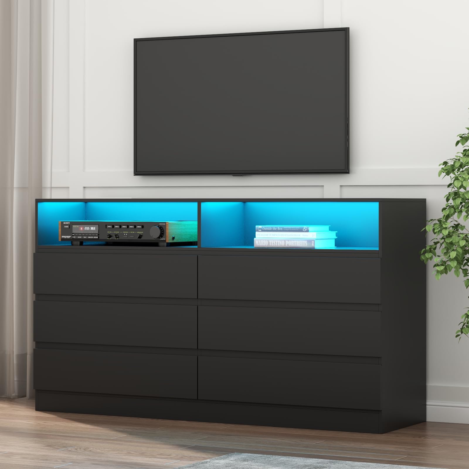 Loomie 6 Drawer Dresser for Bedroom, Wide Chest of Drawers with Charging Station and LED Lights, Traditional Bedroom Furniture, Modern Storage Dresser TV Stand for Living Room (Black)
