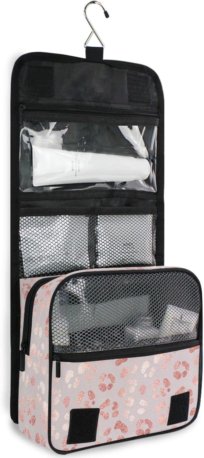 MNSRUU Hanging Toiletry Bag Rose Gold Leopard Print Makeup Bag Portable Travel bag for Toiletries Organizer Bags for Women Men, Travel-Essentials Bag