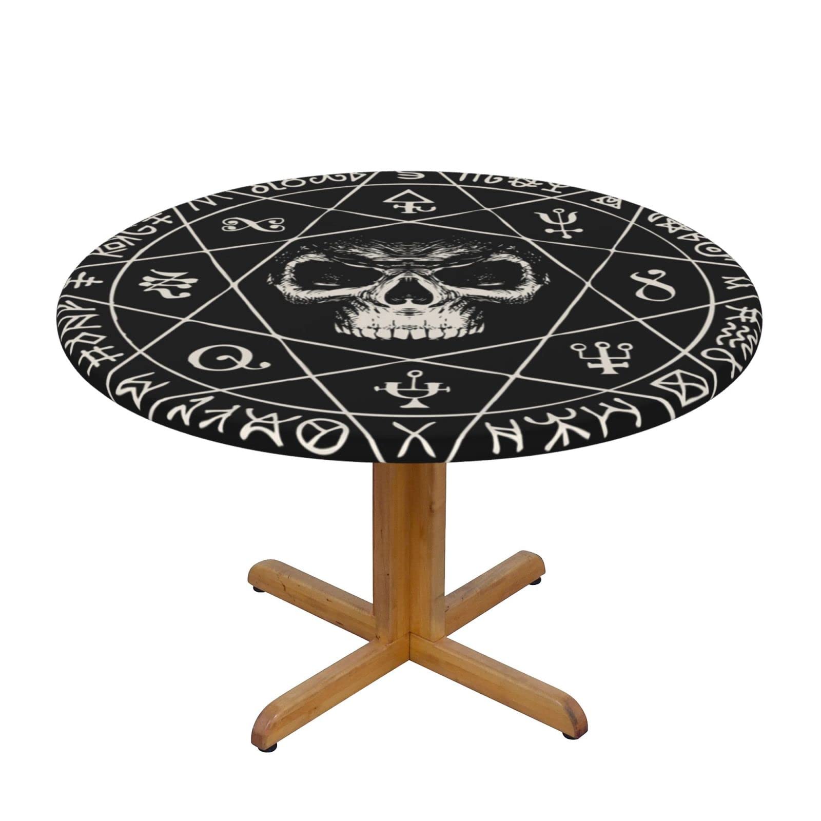 Lsjuee Round Fitted Tablecloth 45-50in Elastic Edged Table Cloth for Kitchen Dining Party Home Decor - Skull Magic Witchcraft Black