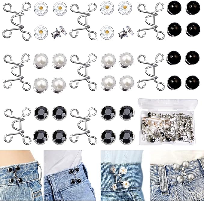 48 Pcs Adjustable Waist Buckle Extender Set, 8 Set 4 Style Jean Button Pins, No Sewing Required Pants Clips for Waist, Pant Waist Tightener for Jeans, Easy to Install, for Men and Women