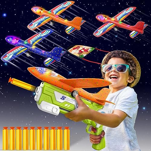 Doloowee 3 in 1 Airplane Launcher Toys, 12.6 Inch LED Foam Glider Airplane Catapult, 2 Flight Modes, Outdoor Sports Flying Toys Shooting Games (Green)