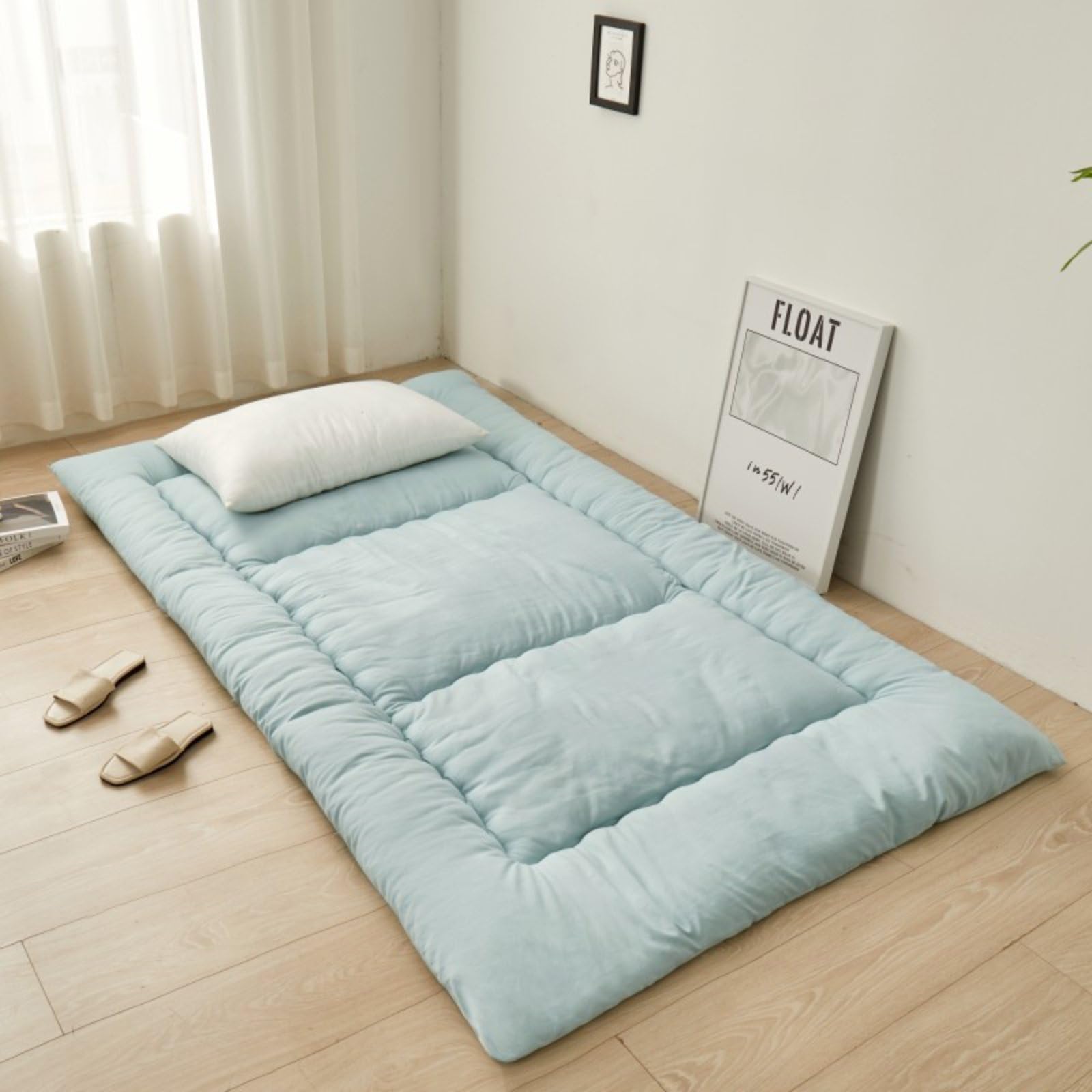 PEKMAR Floor Mattress Single Tatami Thick Japanese Futon Portable Sleeping Mattress Roll Up Foldable Mattress for Boys Girls Adult Student Dormitory Mattress,Green,150x200cm