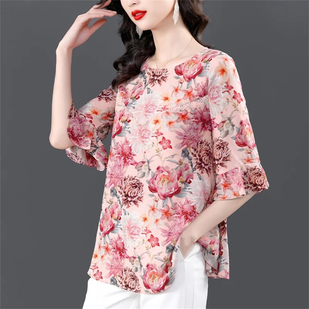 Camicia da donna in seta con stampa floreale in chiffon a maniche svasate estate O-collo sottile manica corta sottile