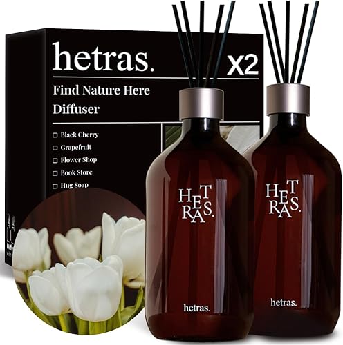 HETRAS. Difusor de varillas premium juego de 2 unidades de 16.9 onzas (33.8 fl oz) de gran capacidad, difusor de aceite aromático y varillas para