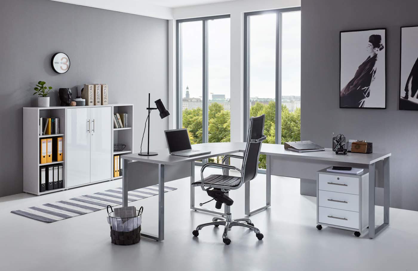 Büromöbel Set Arbeitszimmer Office Edition Lichtgrau Weiß Hochglanz (Set 2)