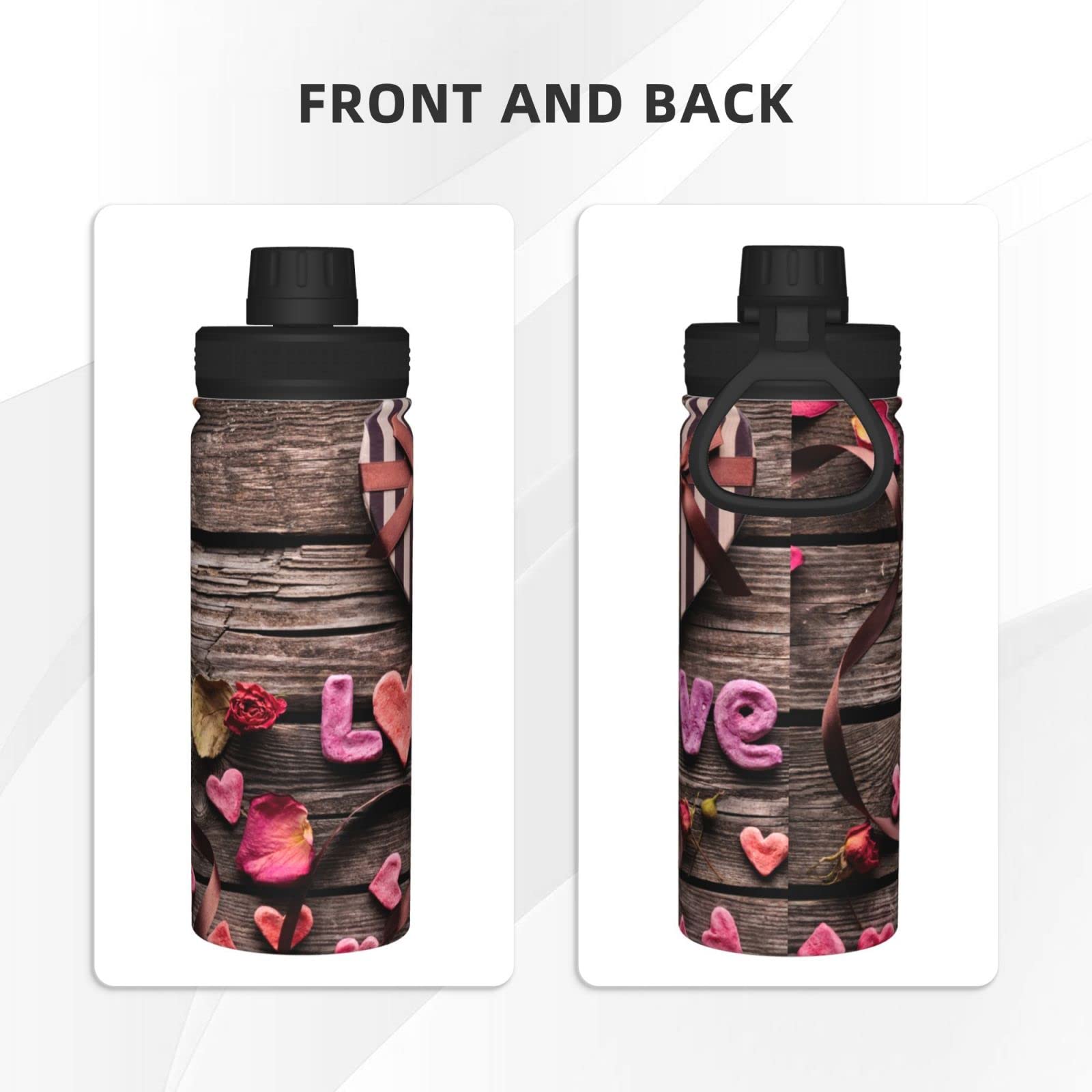 Rose Heart Love Sport-Wasserflasche, 530 ml, isolierte Edelstahl, auslaufsichere Wasserflasche für Reisen, Fitnessstudio, Büro