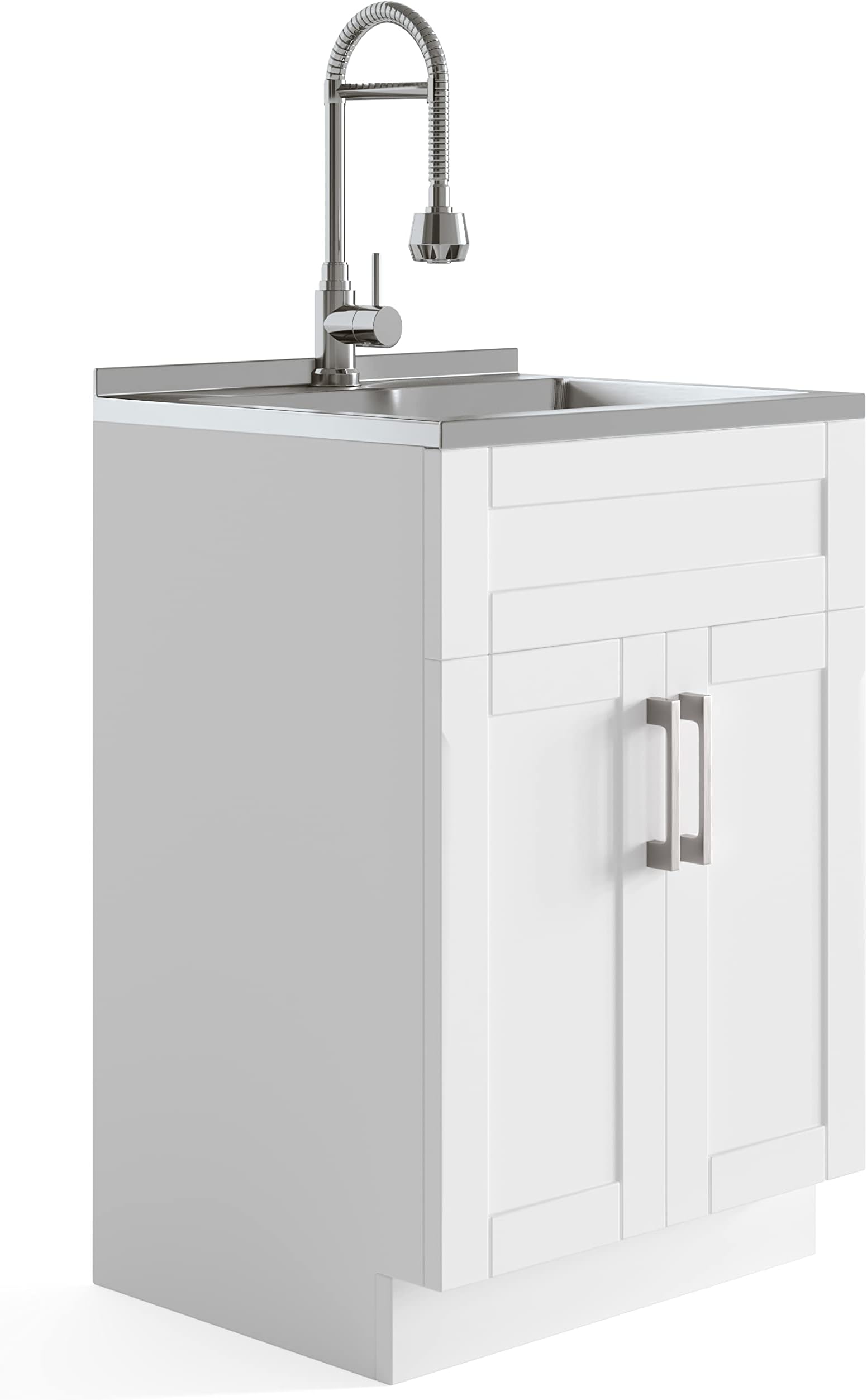 SIMPLIHOME Hennessy All-in-One 24 inch Wide Utility Sink and Laundry Cabinet in Pure White Finish, Transitional Stainless Steel Sink Cabinet for Laundry Rooms with High-Arch Chrome Faucet and Storage