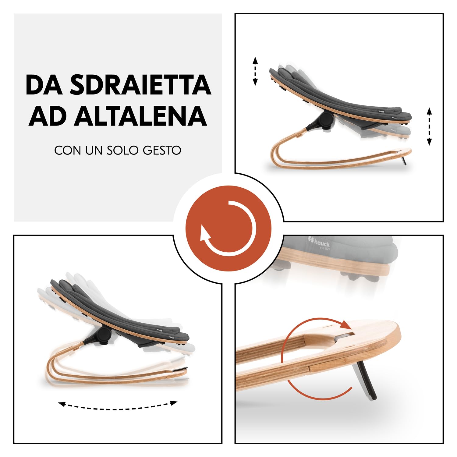 hauck Highchair Bouncer Eco, Deep Grey - Sdraietta Neonato con Funzione Pappa e Struttura a Dondolo in Legno, Ergonomica, Reclinabile - Adattatore per Seggiolone Pappa Alpha+ e Beta+ Incluso