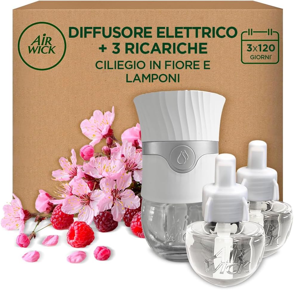 Diffusore elettrico di oli essenziali Air Wick, 1 gadget per diffusore elettrico e 3 ricariche, fragranza di fiori di ciliegio e lampone, 1 diffusore e 3 ricariche x19 ml