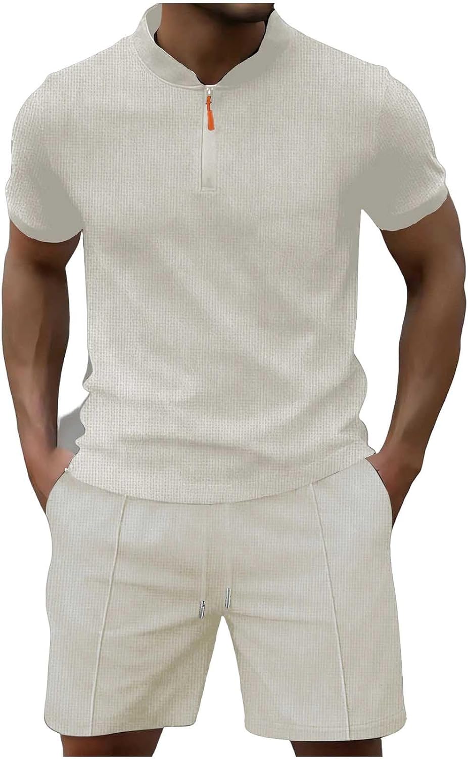 Cambkatl Waffle 2 Piece Outfits for Men Loose Shorts Set Short Sleeve Half Zip Shirt Beach Casual Matching Sets with Pockets