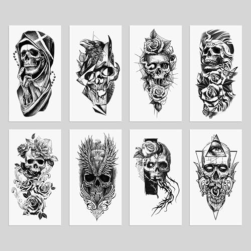 Miniatura 8 de 8 hojas impermeables brazo pierna falso tatuaje temporal cráneo cara flor ojo serpiente pájaro ala
