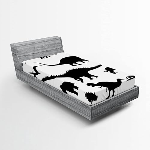 Ambesonne Sábana bajera ajustable de dinosaurio, varias siluetas de dinosaurios negros Jurassic Evolution Extinction Predator, funda de cama con