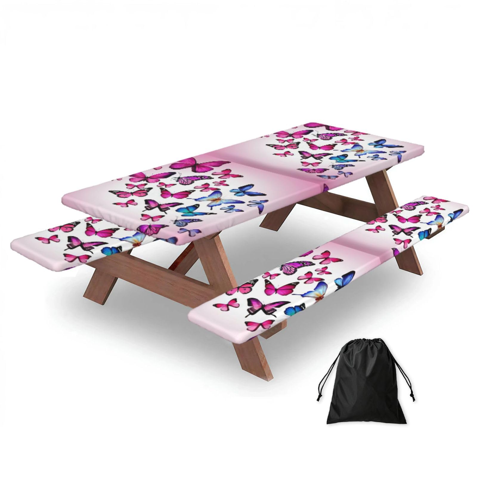 Yqxwjl Black Pink Butterflies Print Camping Essentials Waterproof Camping Table And Bench Cover With Drawstring Bag 183 Cm