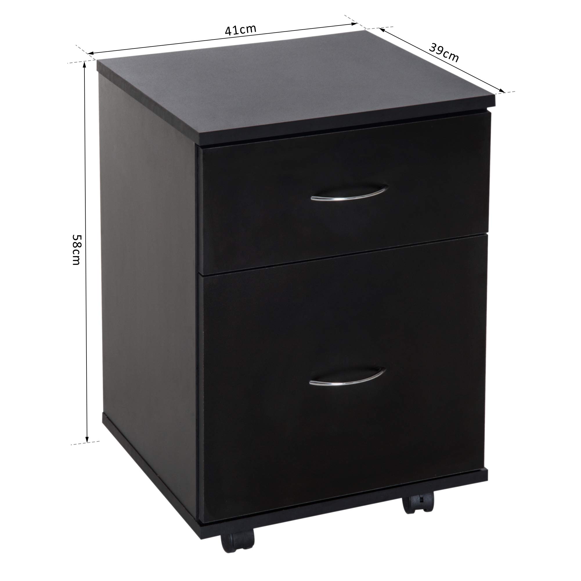 HOMCOM Cajonera de Oficina y Hogar Tipo Archivador de Madera Móvil con Ruedas y 2 Cajones 41x39x58cm Negro