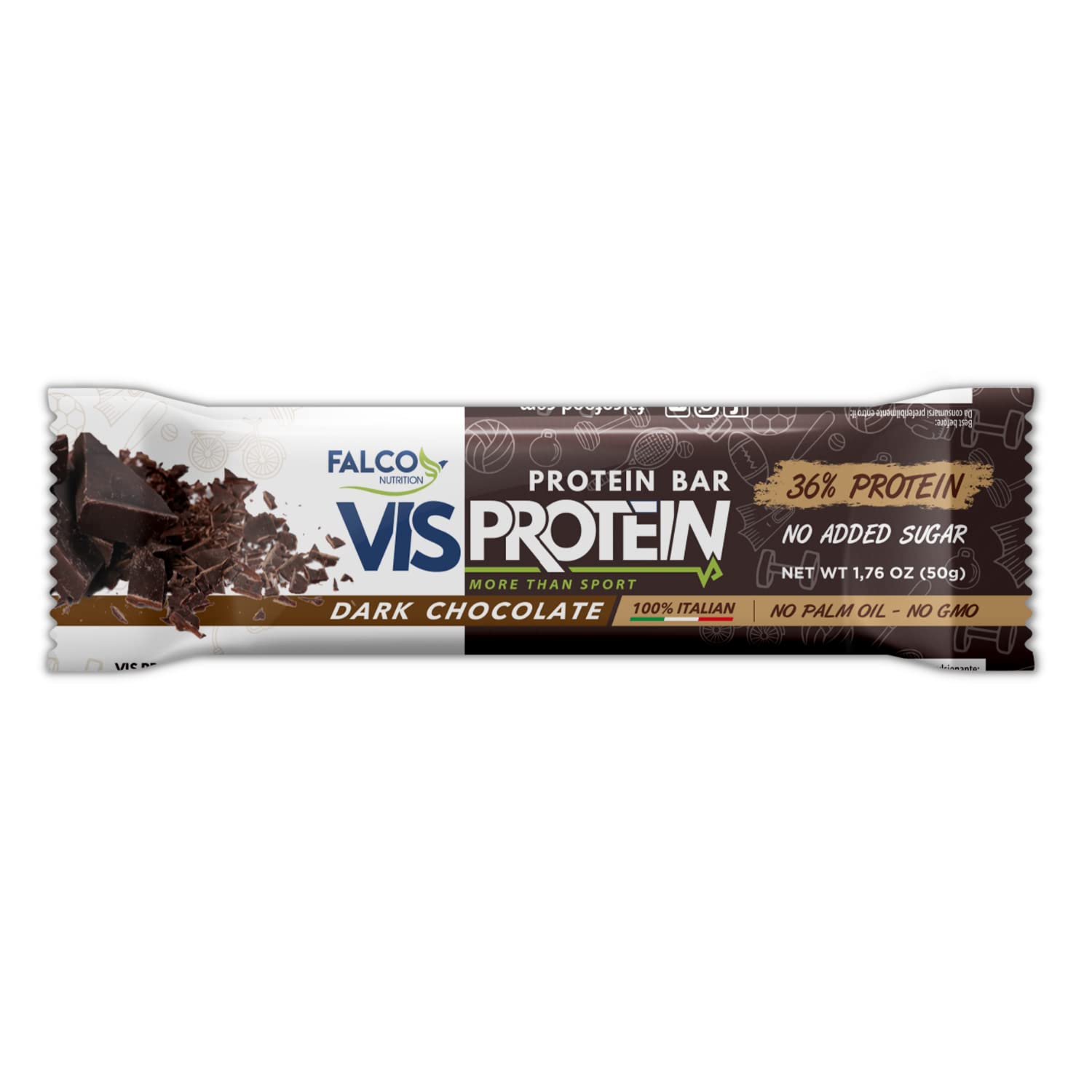 Falco Advanced Nutrition | VIS PROTEIN (12x50g) | Barretta Proteica Whey al 36% in finissimo cioccolato, prodotto 100% naturale e Made in Italy. More Than Sport (fondente)