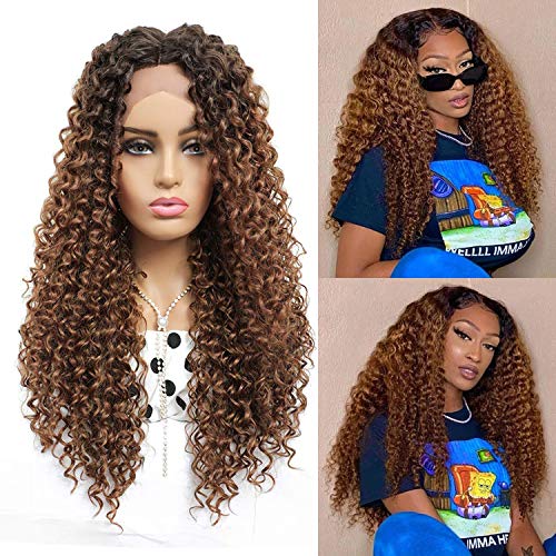 Curly Lace Front Wigs Synthetic Blonde Highlights Hair Wigs Middle Part Deep Wave Wig Glueless Heat Resistant Hair Wigs for Black Women(2134-Gold)