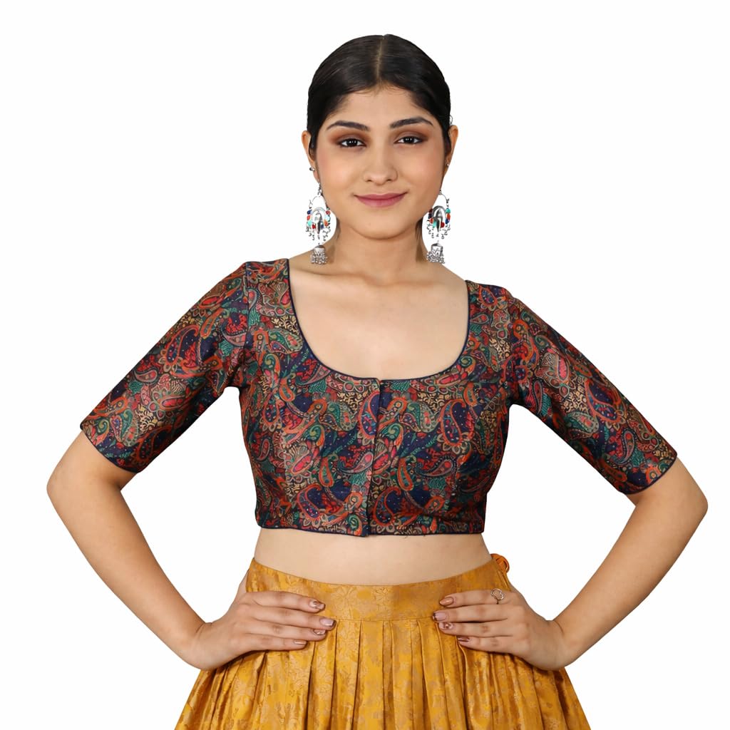 india blouse Women Kalamkari Printed Saree Blouse | Non Padded | Elbow Sleeve | Back Tie-Up Design-picture-23
