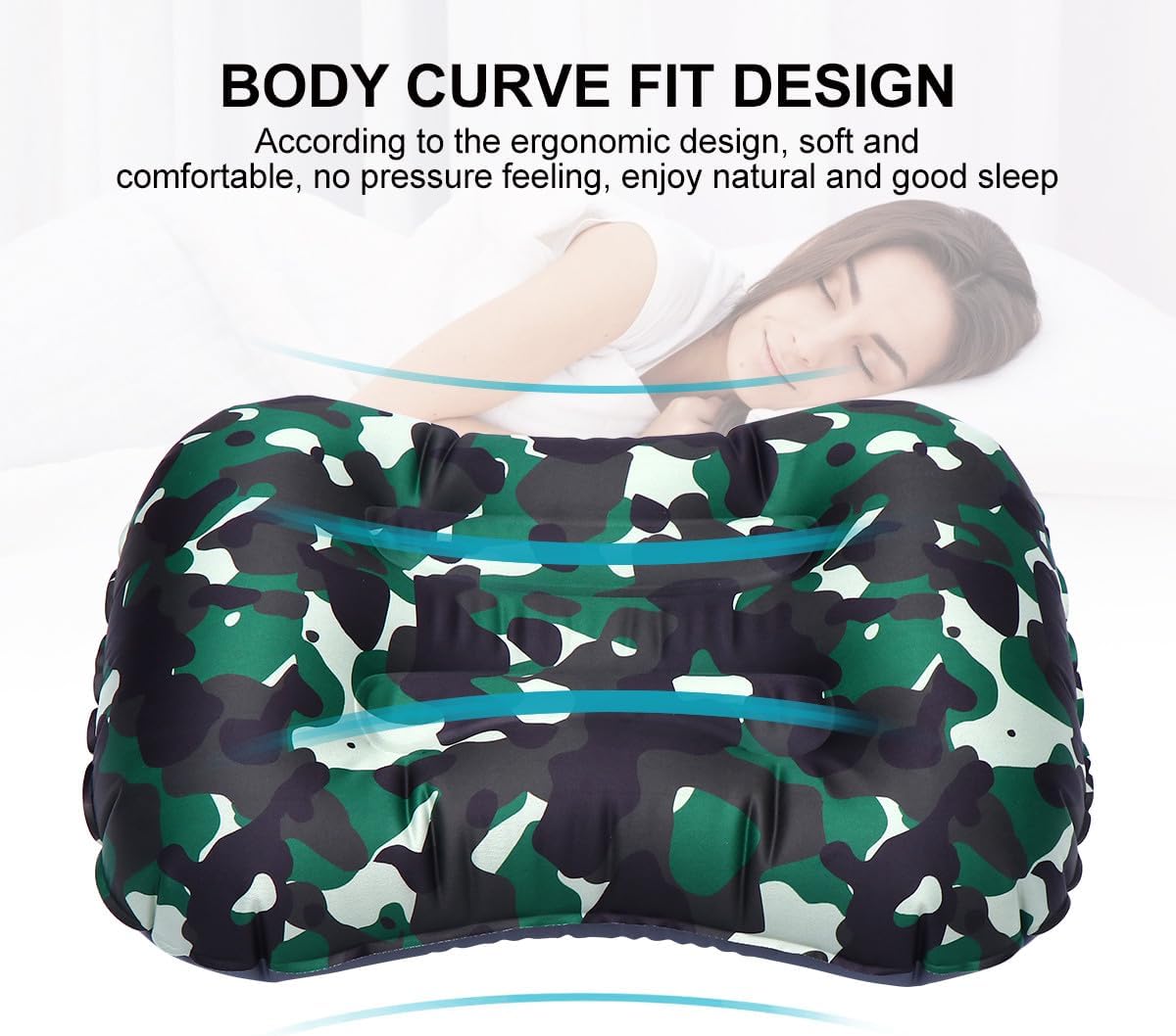 Inflatable Neck Cushion and Outdoor Camping Pillow, TPU Material, Lightweight Portable Rest Pillow for Travel and Indoor Nap, Camouflage Green