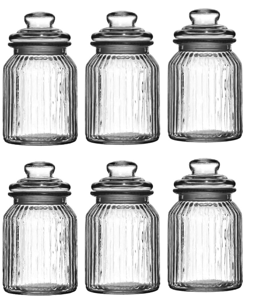 Hyper Mart Vintage Transparent Ribbed Glass Storage Jars Tea,Sugar,Coffee Sweetie, Biscuit, Cookie, Kitchen Jar with Airtight Lid (Ribbed Storage Jar, 1300 ml - Set of 6)