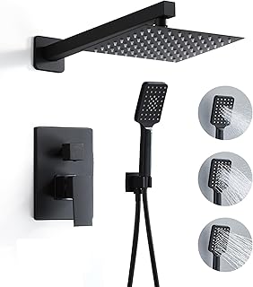 RTOBWEYE 8 Inch Shower Faucet Set, Rainfall Shower System with High Pressure Handheld Shower Head, Bathroom Mixer Shower Set Wall Mounted Rough-in Valve and Trim Kit, Matte Black, with 3-Setting