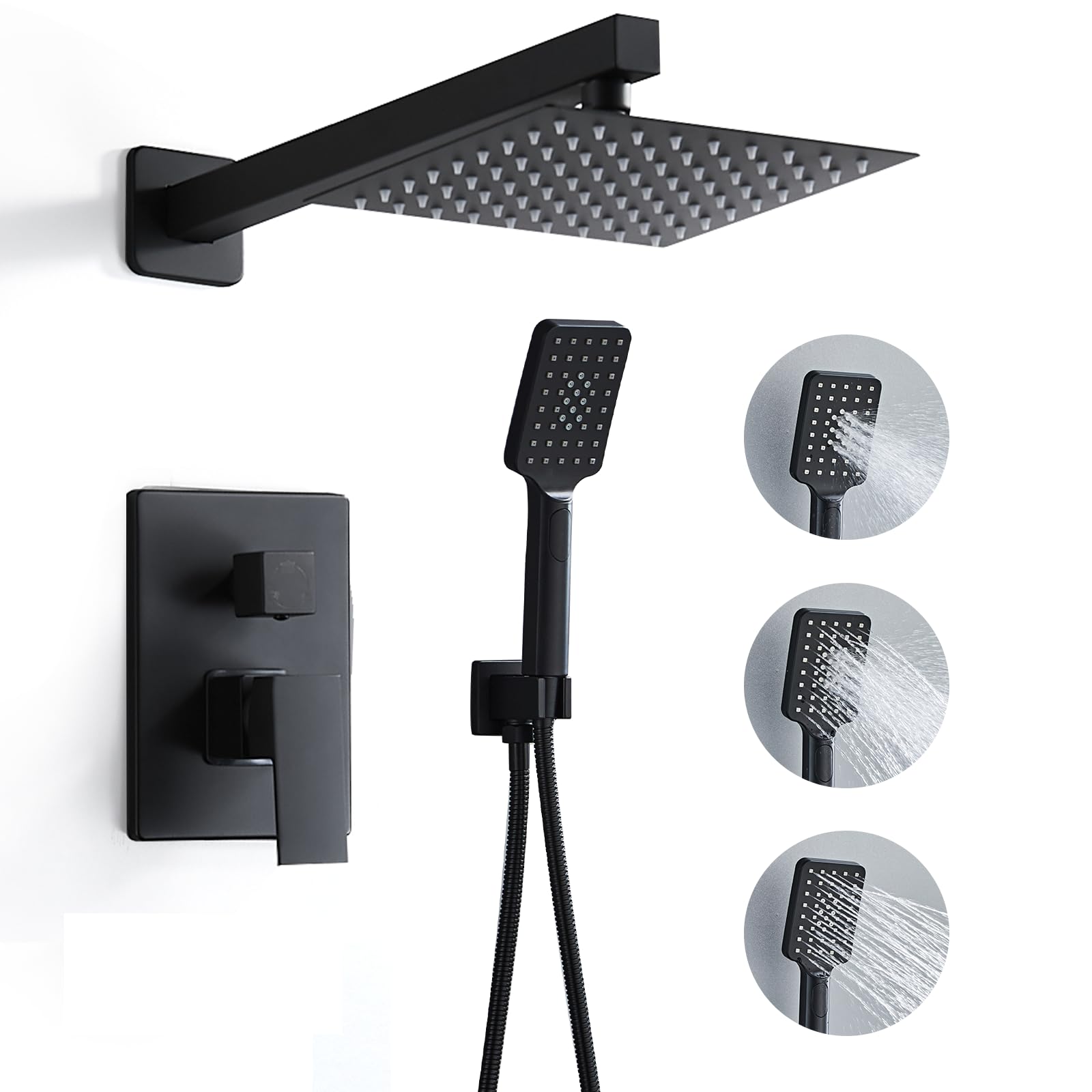 8 Inch Shower Faucet Set, Rain Shower System with High Pressure Hand Shower Head, Bathroom Mixer Shower Set Wall Mounted Rough Tap and Trim Kit, Matte Black, with 3 Modes