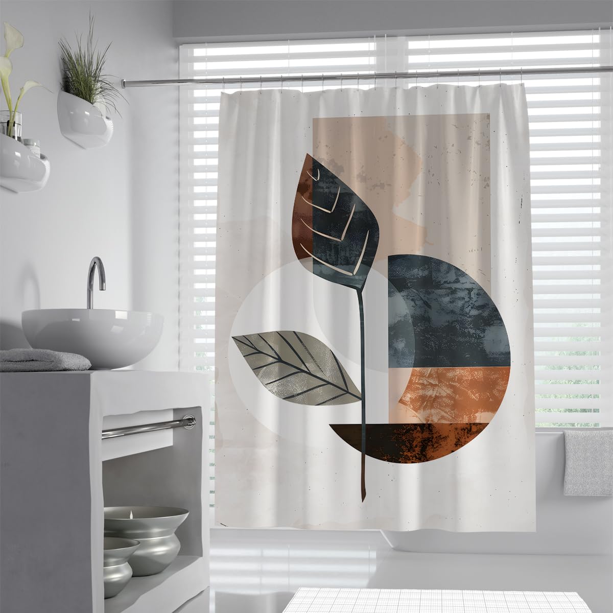 UIRINGART Contemporary Bath Curtain W200xL200cm Abstract Geometric Leaf Shape and Round Block Pattern Mildew Mould Resistant Polyester Fabric Bathroom Curtains