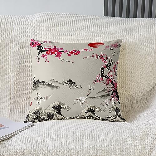 Homemissing Cranes Pillow Cases Cushion Covers Japanese Ukiyoe Decor Vintage Bed Set for Kids Ocean Wave Sun Cherry Blossoms Japanese Exotic Style Set of 1 Soft 16x16 Inch - Image 2