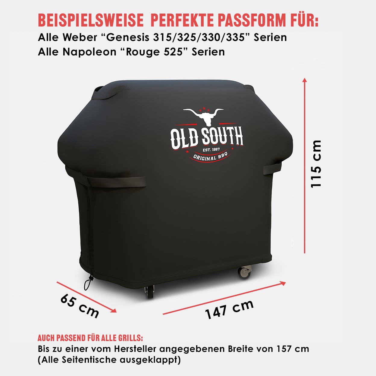 Old South - Copertura per barbecue resistente alle intemperie – Copertura per barbecue Weber, Napoleon, Enders, Rösle Gasgrill – Copertura impermeabile (147 x 65 x 115 cm)