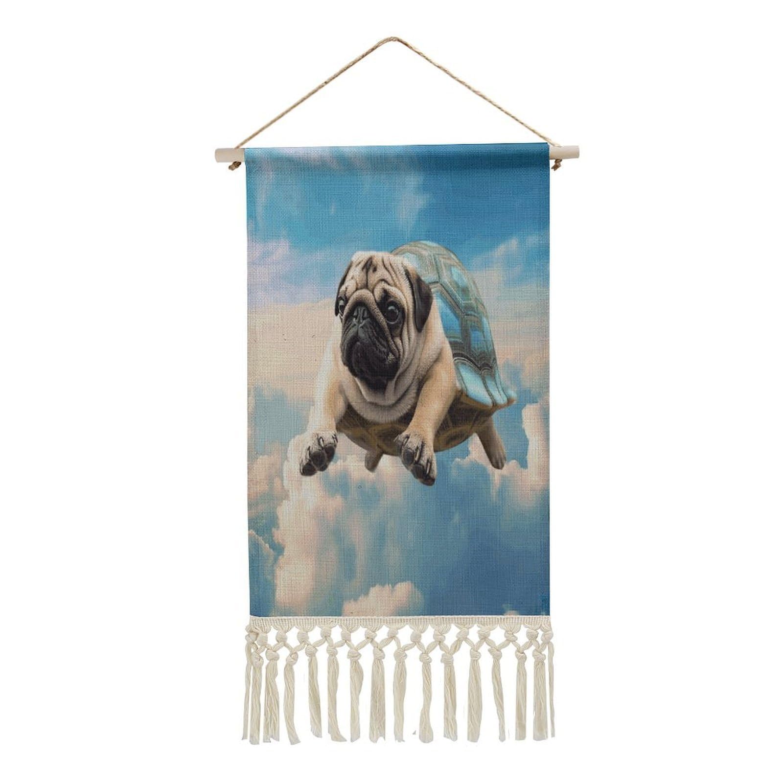 VstaDank Funny Turtle Pug Dog in The Sky Wall Art Decor with Tassels 20"x10" Cotton Linen Hanging Tapestry Decor Wall Art Prints Wood Frame Boho Wall Art Poster for Bedroom Living Room Office