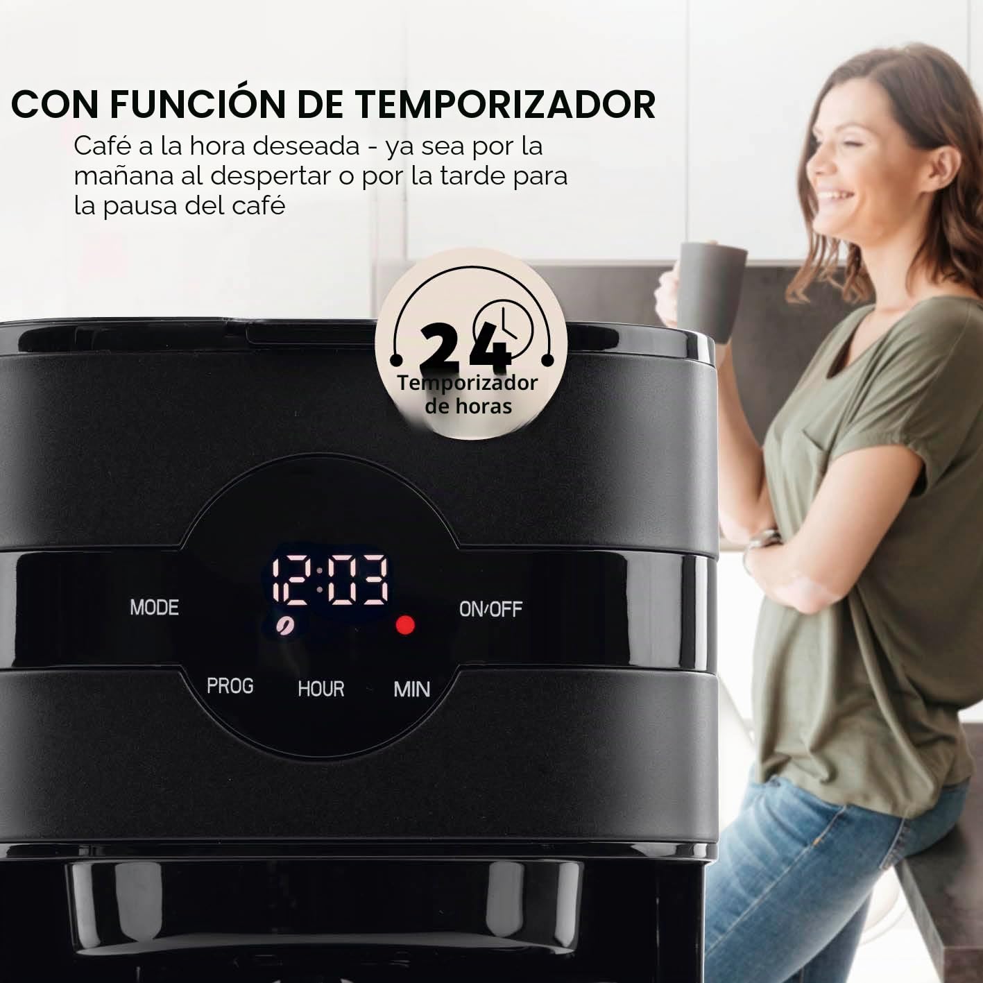 Barista Cafetera de filtro con jarra térmica, temporizador de 24 horas y filtro permanente, para 8 tazas de café, cafetera para polvo [negro]