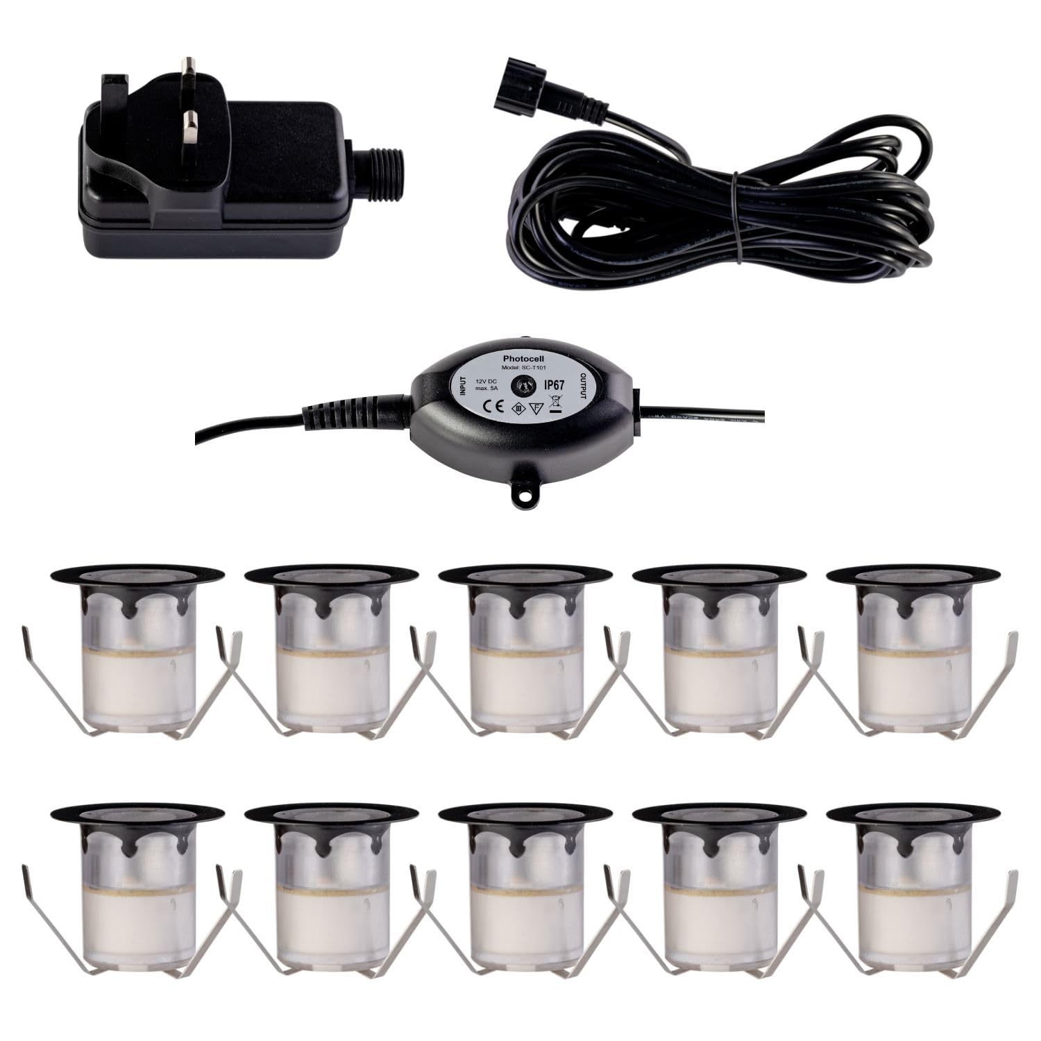 Firstchoicelighting Black & Clear Set Of 10-30Mm Led Decking Plinth Ground Light Kit With Dusk Dawn Sensor, Black Bezel, Cool White 6500K, Ip67 Waterproof Recessed Outdoor Garden Bathroom Kitchen