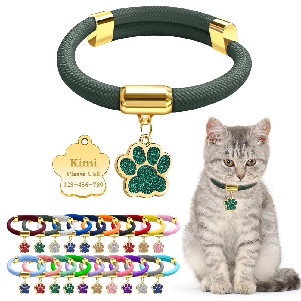 Personalized Breakaway Cat Collars with Magnetic Quick Release Buckle, Custom Engraved Name Tag for Cats (Pure Army Green)