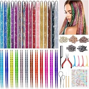 ROADPLUM Hair Tinsel Kit with Tools, 16 Colors 3200 Strands Tinsel Hair & 12 Colors Hair Feathers, Heat Resistant Shiny Fairy Hair Tinsel Extensions for Women Girls Hair Accessories for Cosplay Party