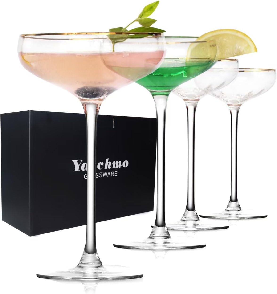 Vintage Coupe Glasses Set of 4, Tall Stemmed Martini Glasses, Gold Rim Cocktail Champagne Glasses, Perfect for Bar, Martinis, Margaritas, Parties, Ideal Gift Choice, 7.7oz Clear