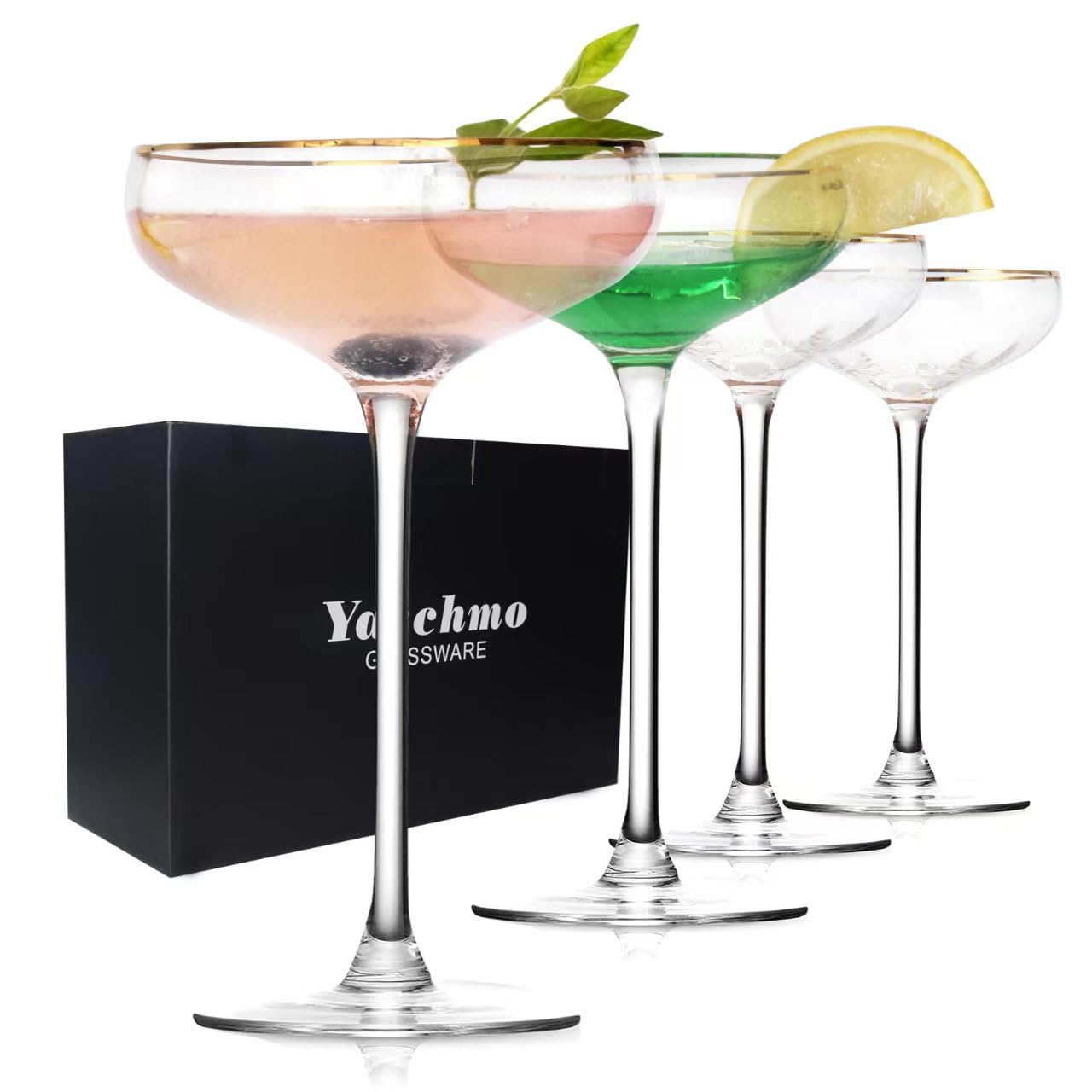 Juego de 4 copas vintage de Martini con tallo alto, copas de champán de cóctel con borde dorado, perfectas para bar, martinis, margaritas, fiestas, opción de regalo ideal, 7.5 onzas