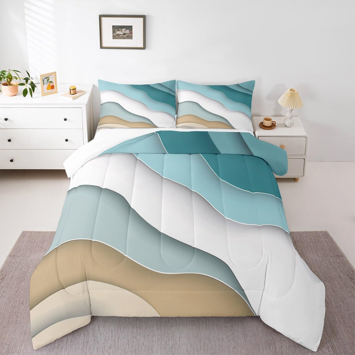 Abstract Ombre Comforter Set Ocean Waves Bedding Set Decor Blue Sea and Beach Quilt Set Tropical Summer Contemporary Duvet Insert Teens Kids Adults Room Decor 3pcs Queen Size - Image 5