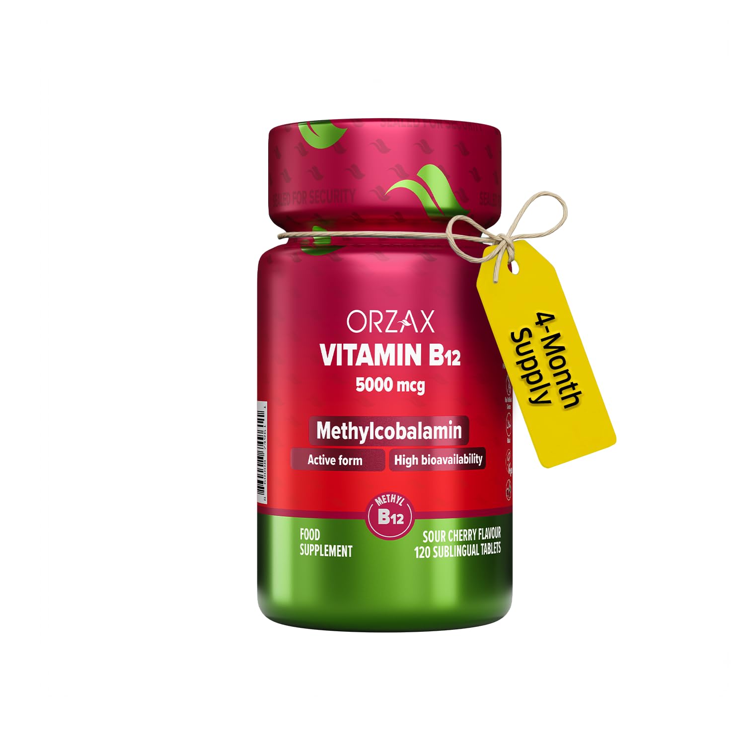 Orzax Vitamin B12 Tablets - 5000 mcg Methylcobalamin Energy Supplement for Women and Men - Cherry Flavored - (120 Sublingual Tablets)