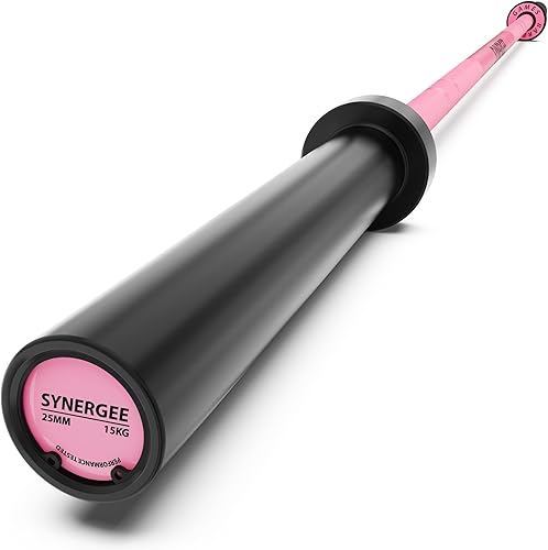 Synergee Games 15kg and 20kg Colored Ceramic Coated Barbells. Rated 1500lbs for Weightlifting and Powerlifting. Black, Red, Grey, Pink