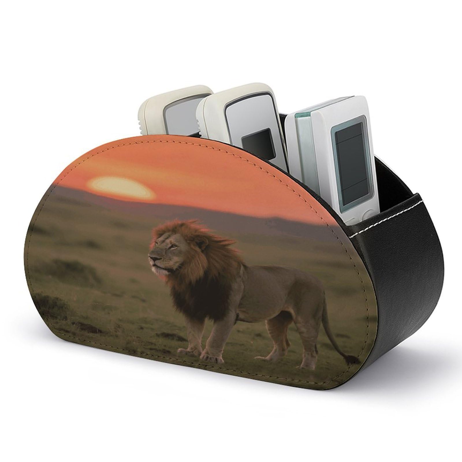 VstaDank - Lion on African Savannah Remote Control Holder PU Leather Multifunctional Office Organizer Makeup Brush Holder Computer with 5 Compartments Box