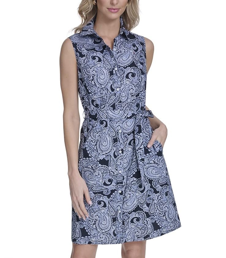 Image of Tommy Hilfiger Women's Sleeveless Collared Button Front Tie Waist Mini Shirt Dress